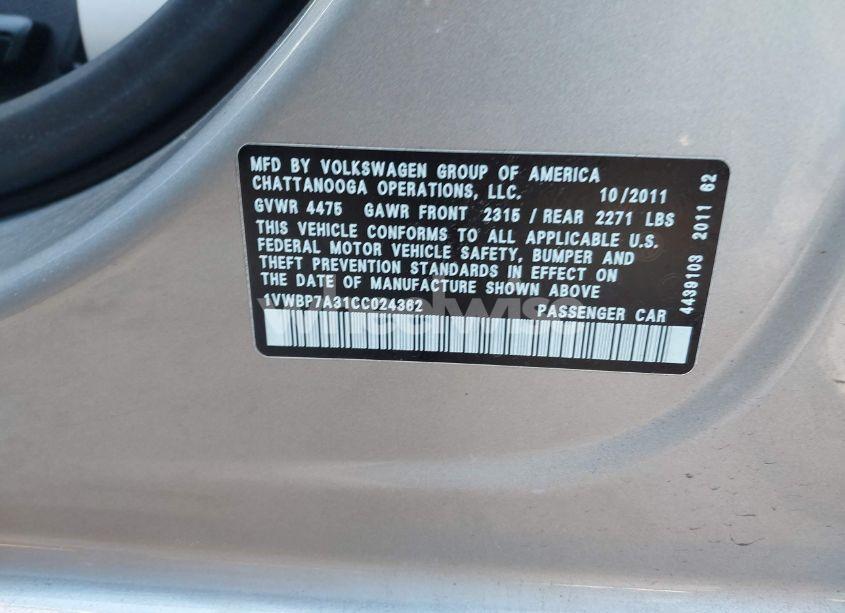 Photo 9 of 2012 Volkswagen Passat 2.5L SE (VIN 1VWBP7A31CC024362)