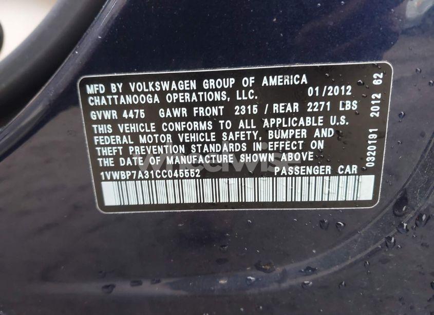 Photo 9 of 2012 Volkswagen Passat 2.5L SE (VIN 1VWBP7A31CC045552)
