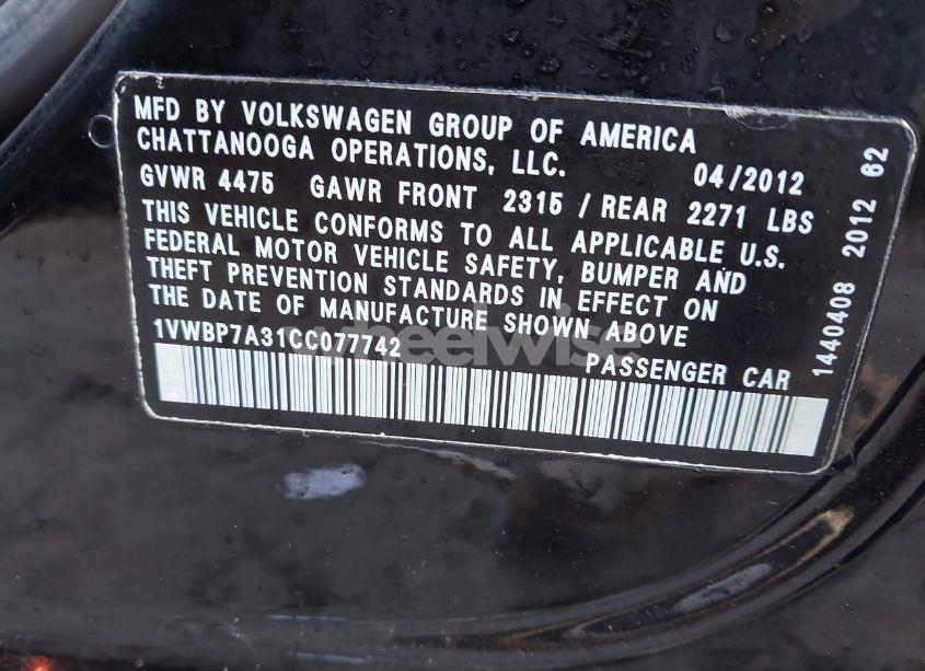 Photo 9 of 2012 Volkswagen Passat 2.5L SE (VIN 1VWBP7A31CC077742)