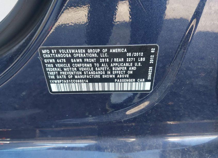 Photo 9 of 2012 Volkswagen Passat 2.5L SE (VIN 1VWBP7A31CC093214)