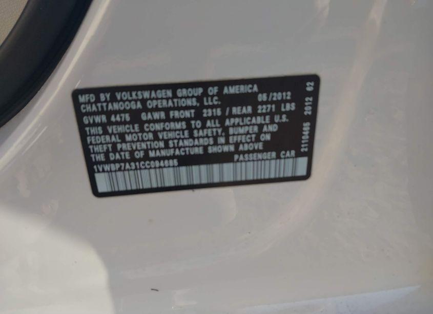 Photo 9 of 2012 Volkswagen Passat 2.5L SE (VIN 1VWBP7A31CC094685)