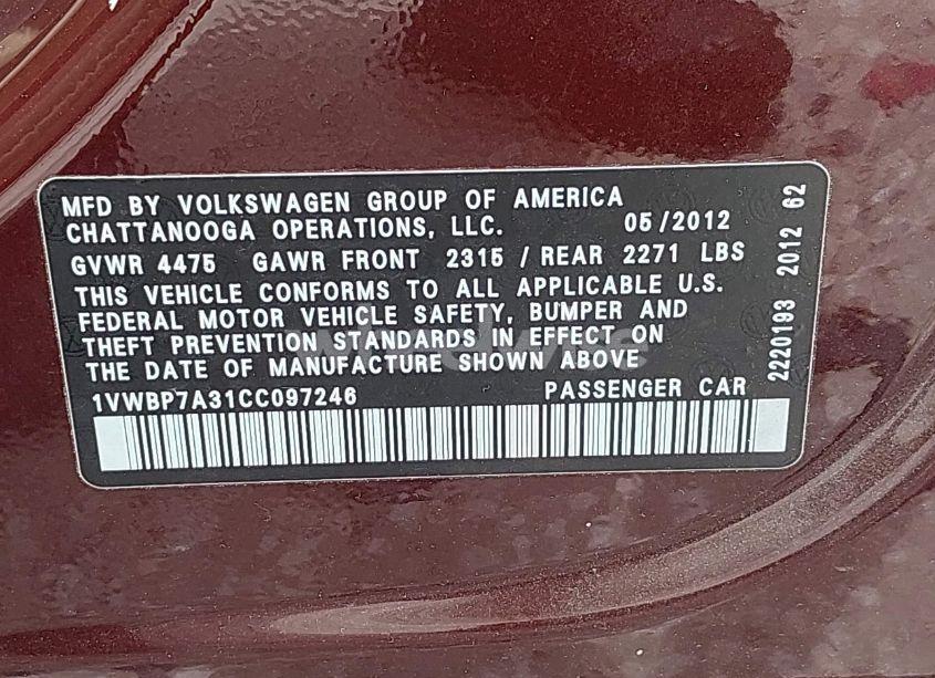 Photo 9 of 2012 Volkswagen Passat 2.5L SE (VIN 1VWBP7A31CC097246)