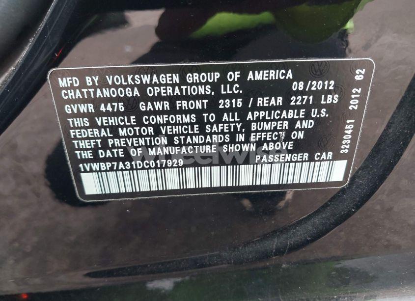 Photo 9 of 2013 Volkswagen Passat 2.5L SE (VIN 1VWBP7A31DC017929)