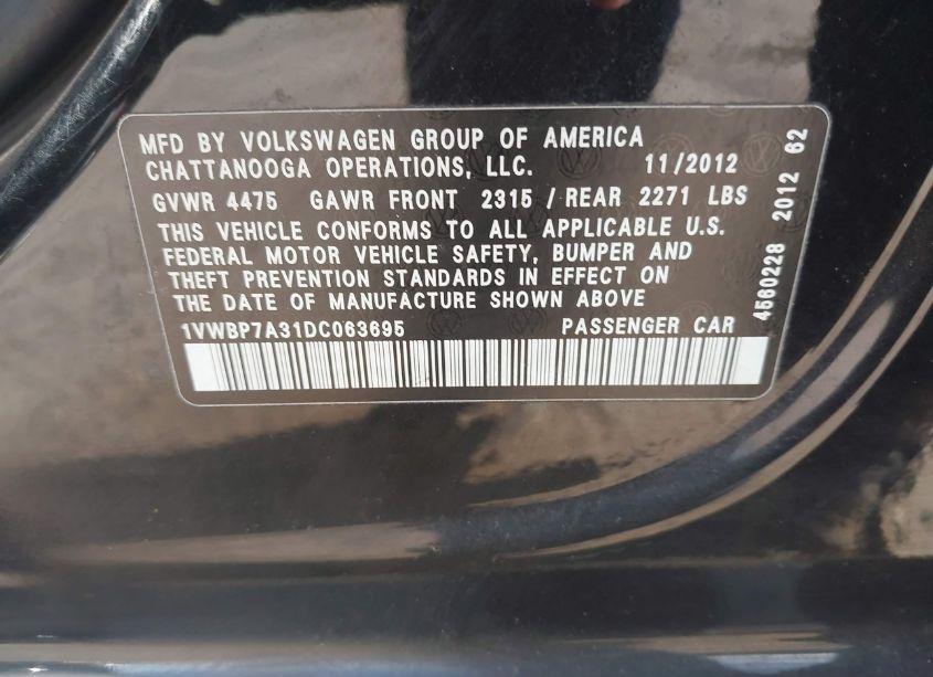 Photo 9 of 2013 Volkswagen Passat 2.5L SE (VIN 1VWBP7A31DC063695)