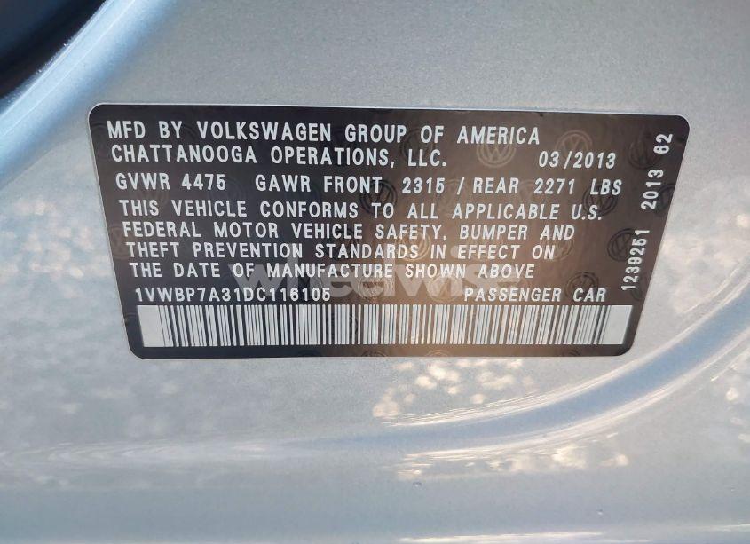 Photo 9 of 2013 Volkswagen Passat 2.5L SE (VIN 1VWBP7A31DC116105)