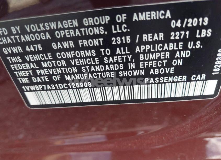 Photo 9 of 2013 Volkswagen Passat 2.5L SE (VIN 1VWBP7A31DC126908)