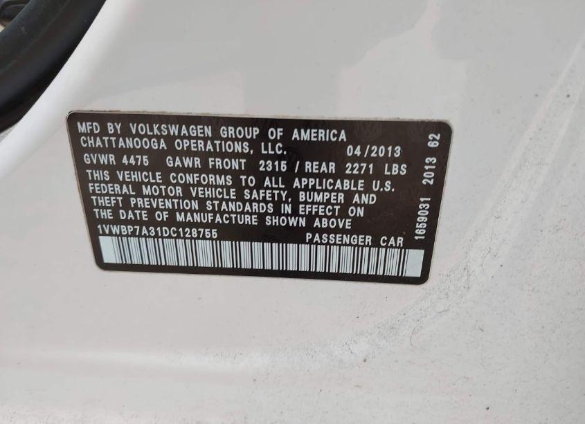 Photo 9 of 2013 Volkswagen Passat 2.5L SE (VIN 1VWBP7A31DC128755)
