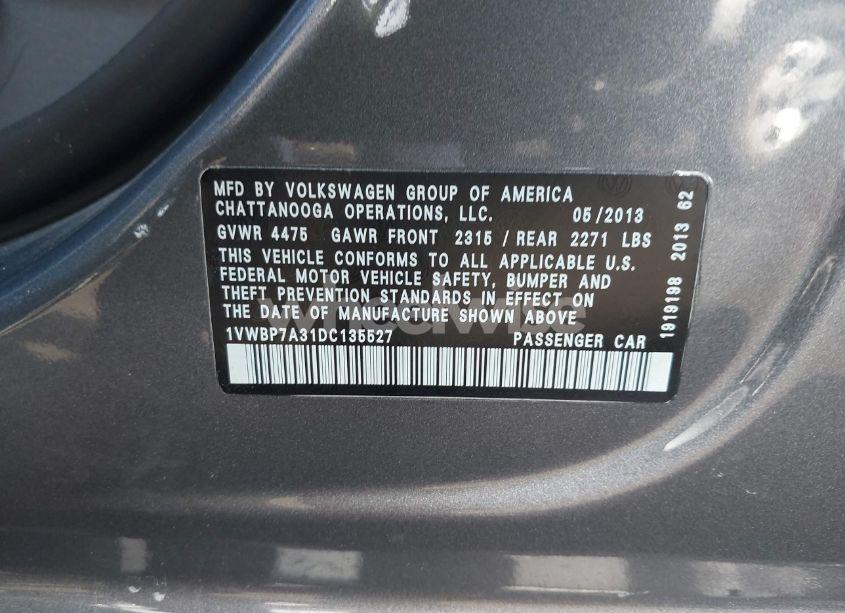 Photo 9 of 2013 Volkswagen Passat 2.5L SE (VIN 1VWBP7A31DC135527)