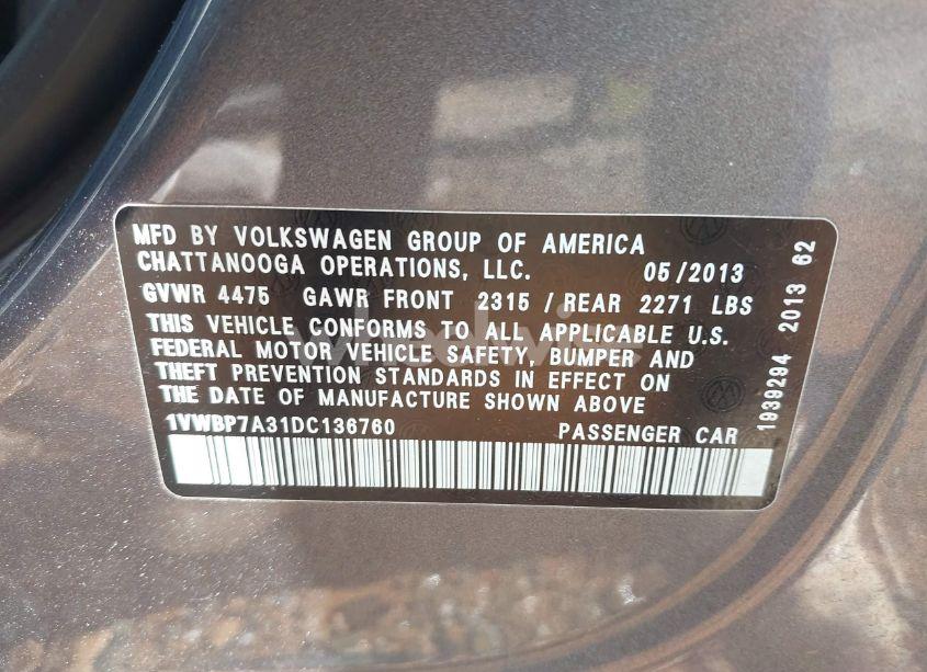 Photo 9 of 2013 Volkswagen Passat 2.5L SE (VIN 1VWBP7A31DC136760)