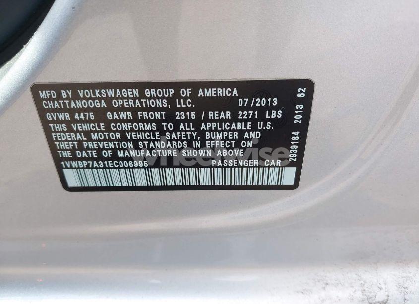 Photo 9 of 2014 Volkswagen Passat 2.5L SE (VIN 1VWBP7A31EC006995)