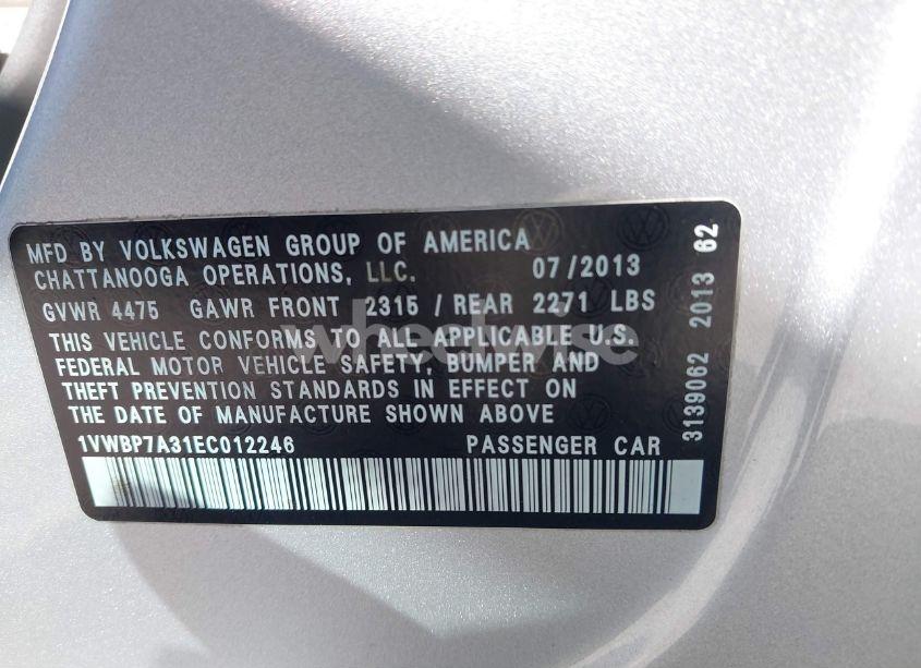 Photo 9 of 2014 Volkswagen Passat 2.5L SE (VIN 1VWBP7A31EC012246)