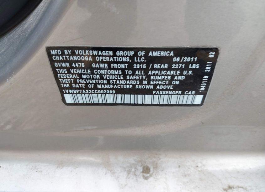 Photo 9 of 2012 Volkswagen Passat 2.5L SE (VIN 1VWBP7A32CC002368)