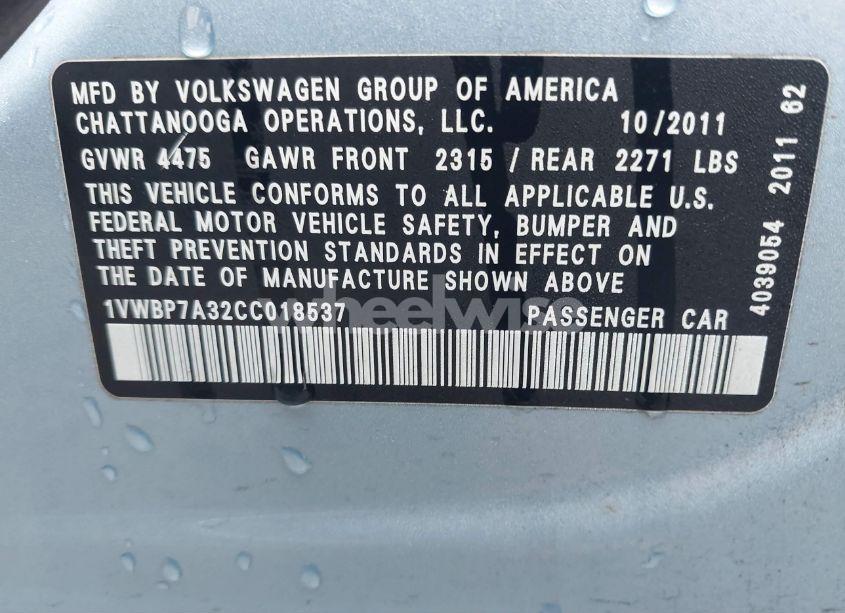 Photo 9 of 2012 Volkswagen Passat 2.5L SE (VIN 1VWBP7A32CC018537)