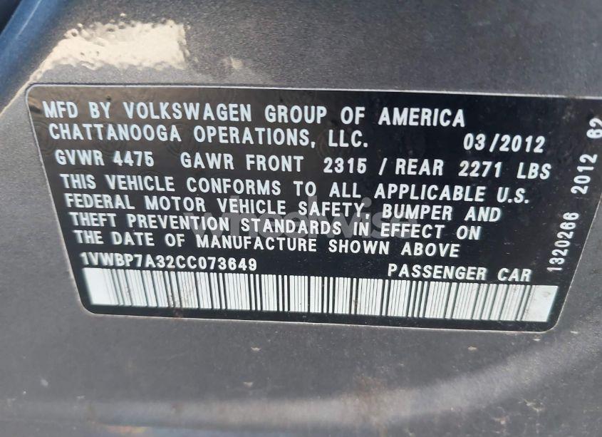 Photo 9 of 2012 Volkswagen Passat 2.5L SE (VIN 1VWBP7A32CC073649)