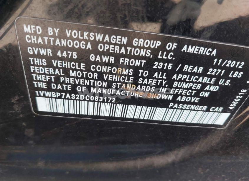 Photo 9 of 2013 Volkswagen Passat 2.5L SE (VIN 1VWBP7A32DC063172)