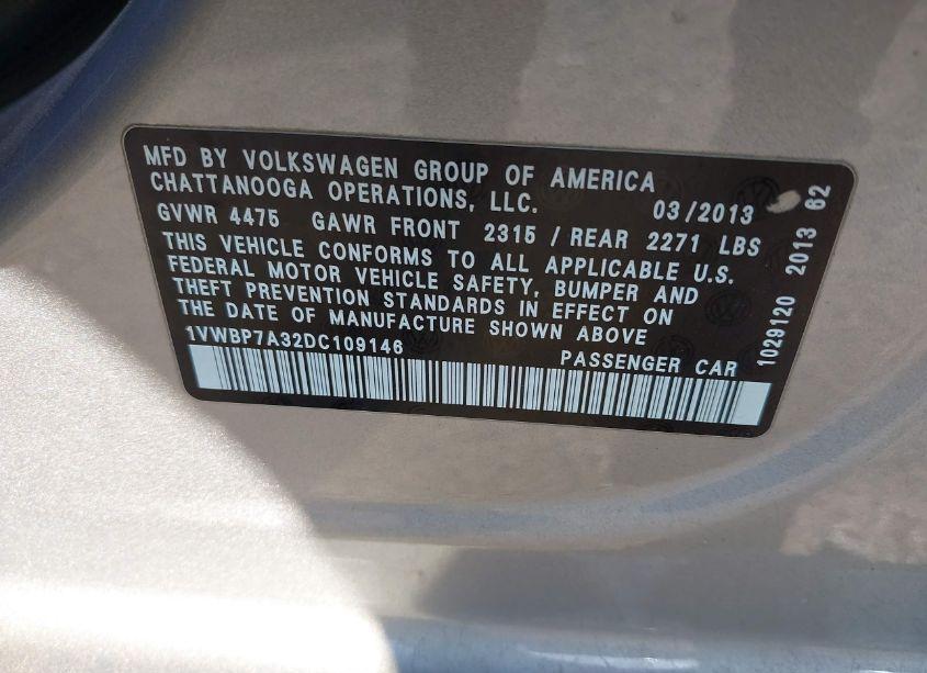 Photo 9 of 2013 Volkswagen Passat 2.5L SE (VIN 1VWBP7A32DC109146)