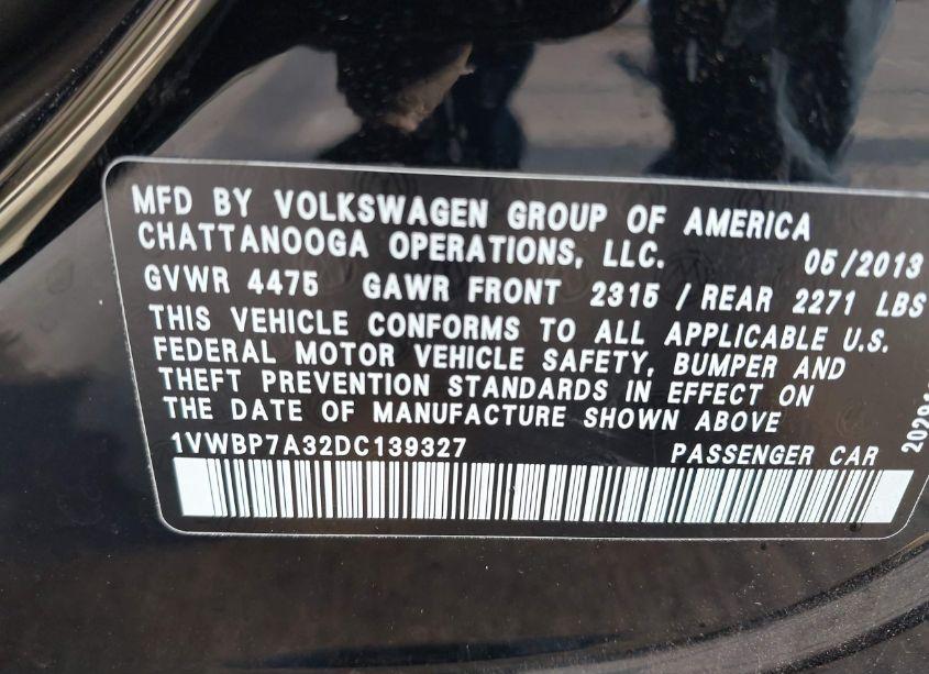 Photo 9 of 2013 Volkswagen Passat 2.5L SE (VIN 1VWBP7A32DC139327)