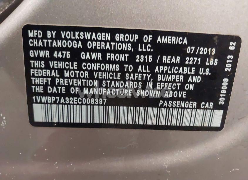 Photo 9 of 2014 Volkswagen Passat 2.5L SE (VIN 1VWBP7A32EC008397)