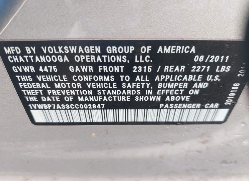 Photo 9 of 2012 Volkswagen Passat 2.5L SE (VIN 1VWBP7A33CC002847)