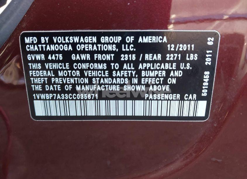 Photo 9 of 2012 Volkswagen Passat 2.5L SE (VIN 1VWBP7A33CC035671)
