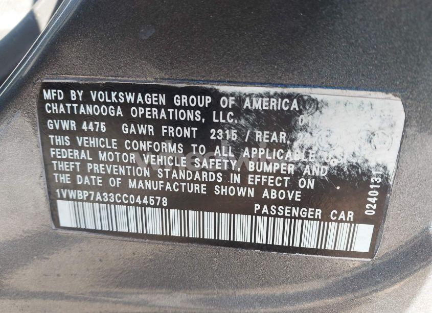 Photo 9 of 2012 Volkswagen Passat 2.5L SE (VIN 1VWBP7A33CC044578)