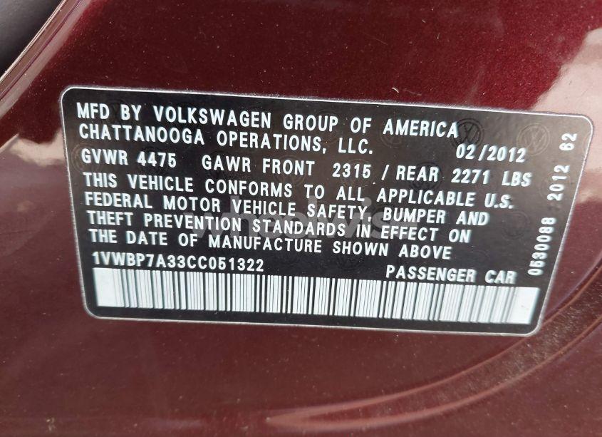 Photo 9 of 2012 Volkswagen Passat 2.5L SE (VIN 1VWBP7A33CC051322)