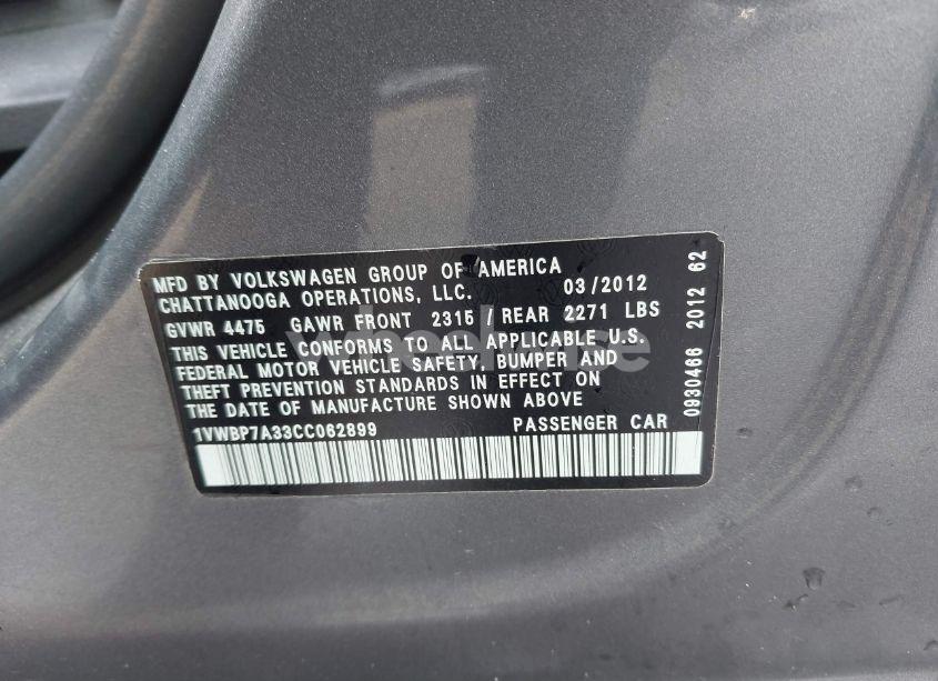 Photo 9 of 2012 Volkswagen Passat 2.5L SE (VIN 1VWBP7A33CC062899)