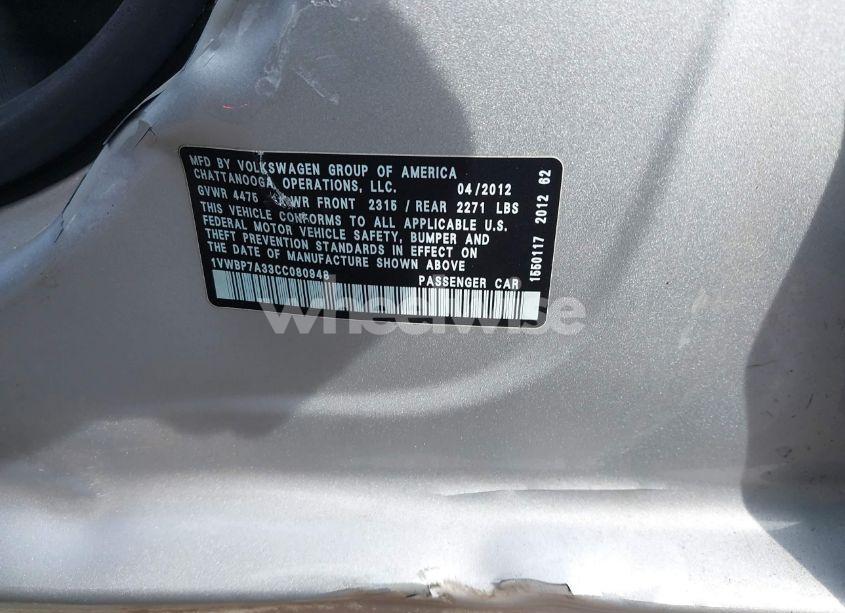 Photo 9 of 2012 Volkswagen Passat 2.5L SE (VIN 1VWBP7A33CC080948)