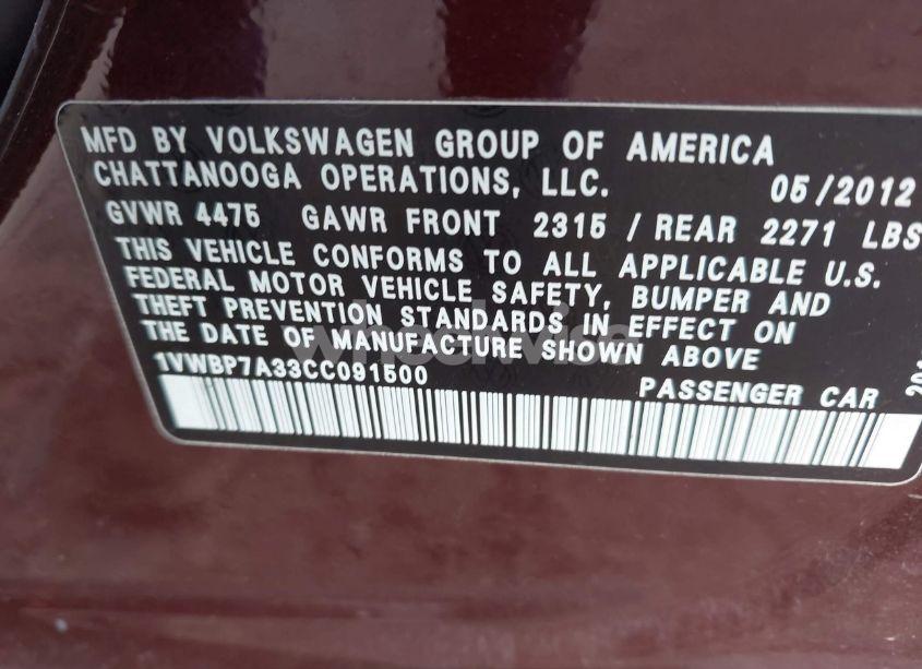 Photo 9 of 2012 Volkswagen Passat 2.5L SE (VIN 1VWBP7A33CC091500)
