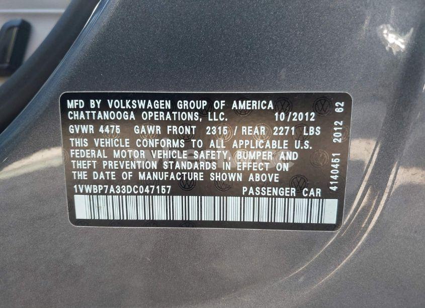 Photo 9 of 2013 Volkswagen Passat 2.5L SE (VIN 1VWBP7A33DC047157)