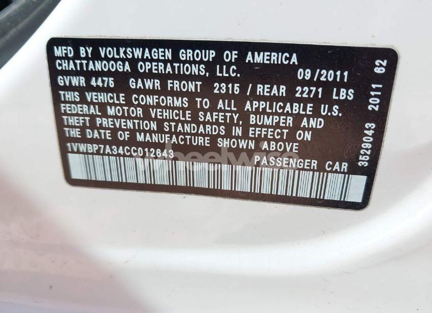 Photo 9 of 2012 Volkswagen Passat 2.5L SE (VIN 1VWBP7A34CC012643)