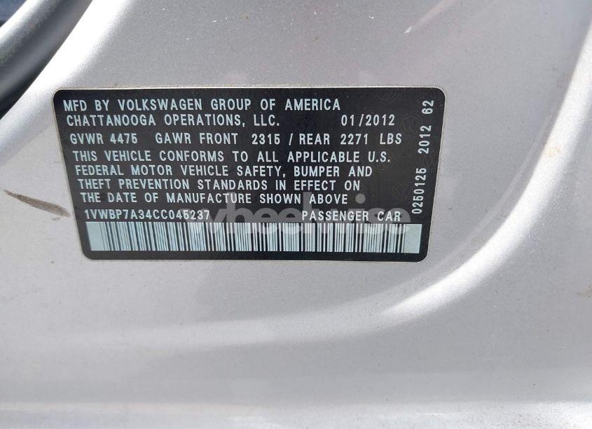 Photo 9 of 2012 Volkswagen Passat 2.5L SE (VIN 1VWBP7A34CC045237)