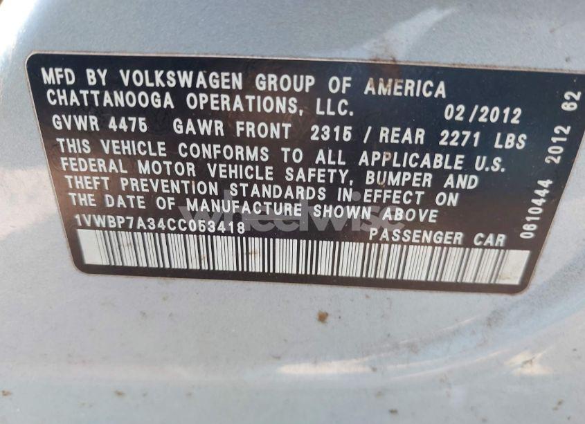 Photo 9 of 2012 Volkswagen Passat 2.5L SE (VIN 1VWBP7A34CC053418)