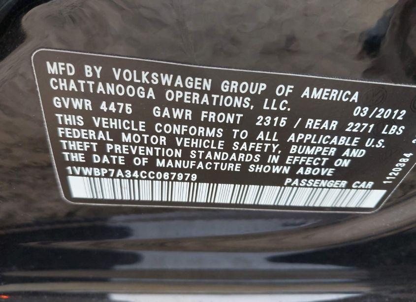 Photo 9 of 2012 Volkswagen Passat 2.5L SE (VIN 1VWBP7A34CC067979)