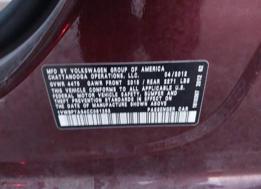 Photo 9 of 2012 Volkswagen Passat 2.5L SE (VIN 1VWBP7A34CC081283)