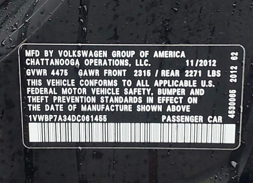 Photo 9 of 2013 Volkswagen Passat 2.5L SE (VIN 1VWBP7A34DC061455)