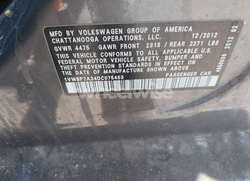 Photo 9 of 2013 Volkswagen Passat 2.5L SE (VIN 1VWBP7A34DC075453)