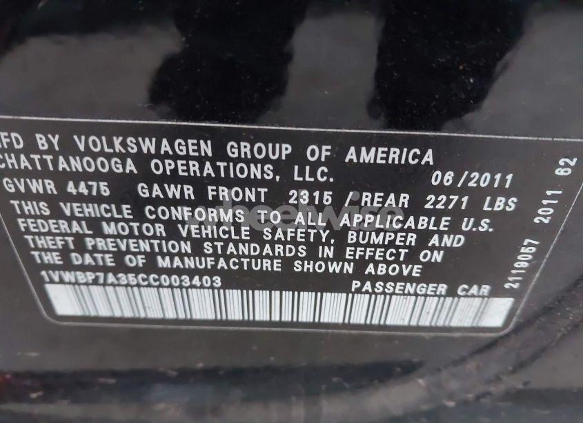 Photo 9 of 2012 Volkswagen Passat 2.5L SE (VIN 1VWBP7A35CC003403)