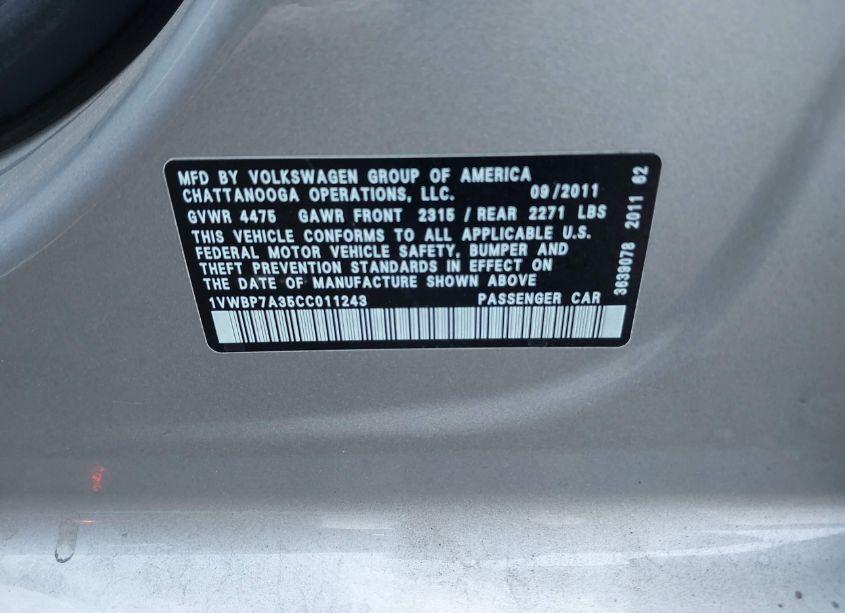Photo 9 of 2012 Volkswagen Passat 2.5L SE (VIN 1VWBP7A35CC011243)