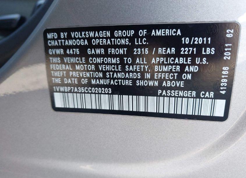 Photo 9 of 2012 Volkswagen Passat 2.5L SE (VIN 1VWBP7A35CC020203)