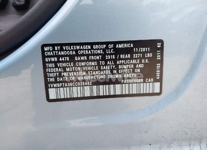 Photo 9 of 2012 Volkswagen Passat 2.5L SE (VIN 1VWBP7A35CC025482)