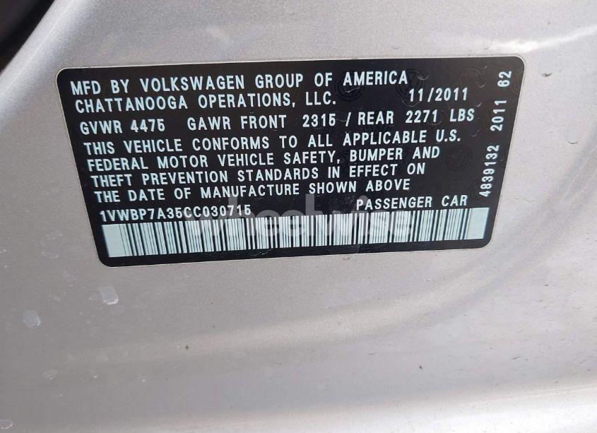 Photo 9 of 2012 Volkswagen Passat 2.5L SE (VIN 1VWBP7A35CC030715)