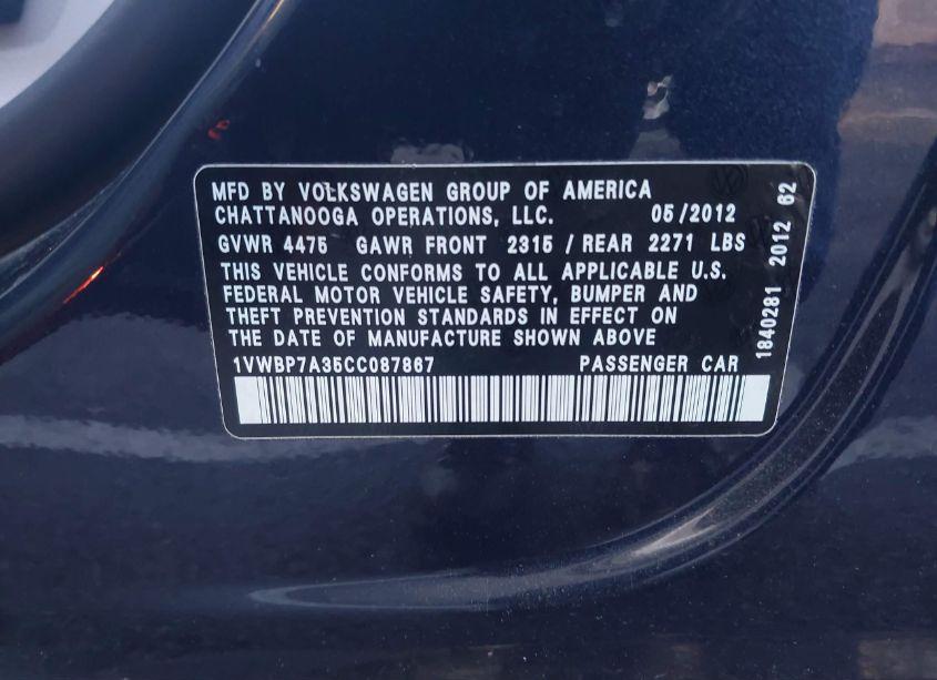Photo 9 of 2012 Volkswagen Passat 2.5L SE (VIN 1VWBP7A35CC087867)