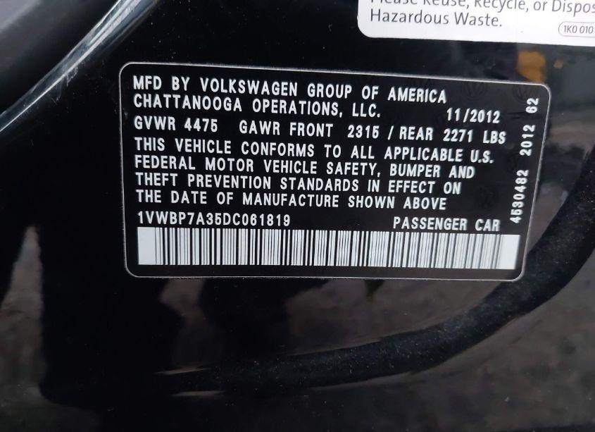 Photo 9 of 2013 Volkswagen Passat 2.5L SE (VIN 1VWBP7A35DC061819)
