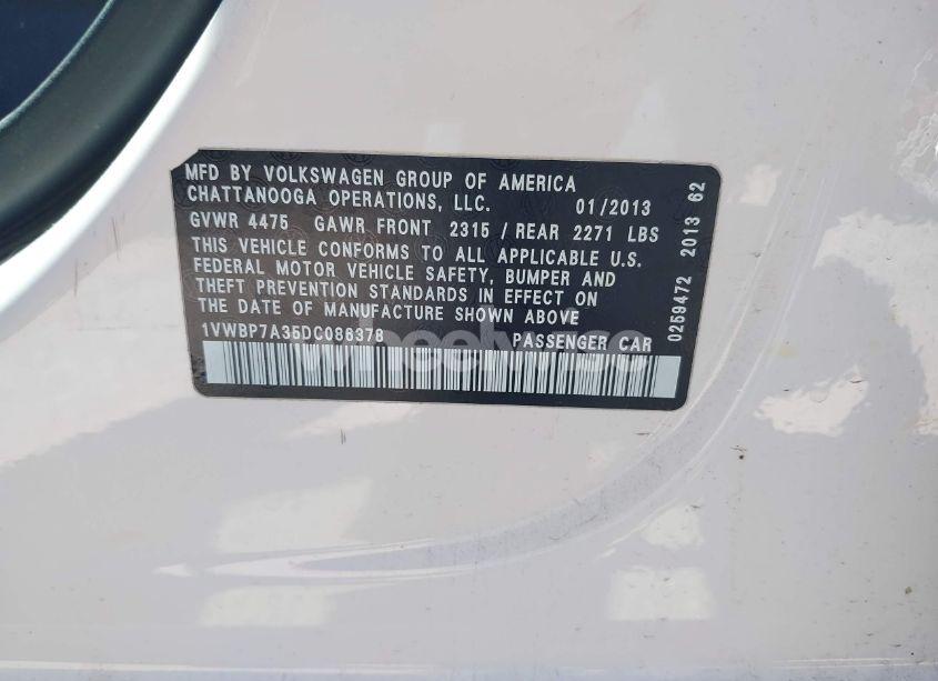 Photo 9 of 2013 Volkswagen Passat 2.5L SE (VIN 1VWBP7A35DC086378)