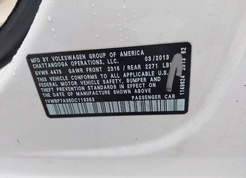 Photo 9 of 2013 Volkswagen Passat 2.5L SE (VIN 1VWBP7A35DC113353)
