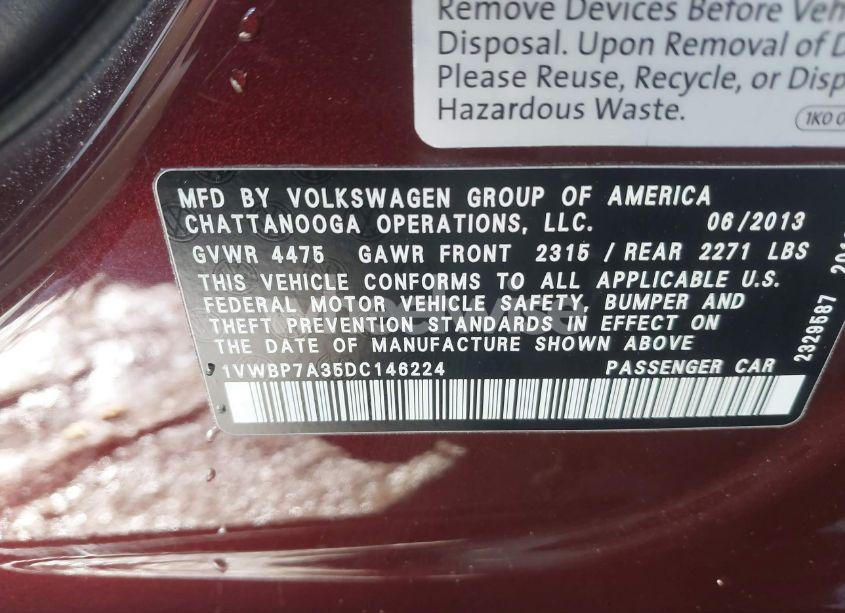 Photo 9 of 2013 Volkswagen Passat 2.5L SE (VIN 1VWBP7A35DC146224)