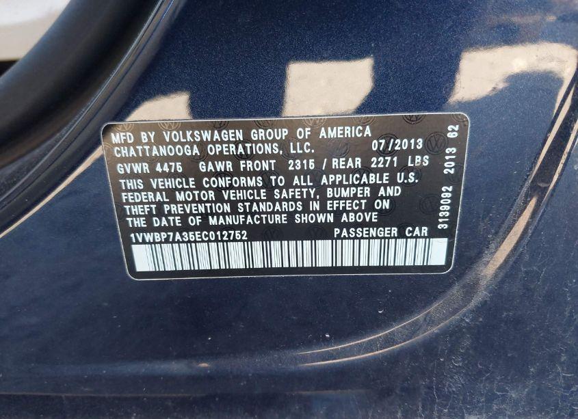 Photo 9 of 2014 Volkswagen Passat 2.5L SE (VIN 1VWBP7A35EC012752)