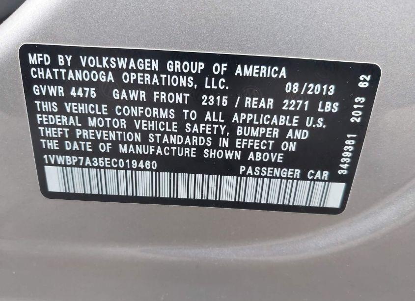 Photo 9 of 2014 Volkswagen Passat 2.5L SE (VIN 1VWBP7A35EC019460)