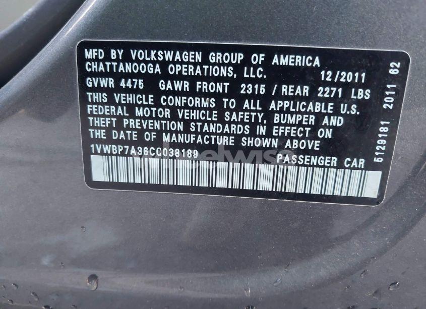Photo 9 of 2012 Volkswagen Passat 2.5L SE (VIN 1VWBP7A36CC038189)